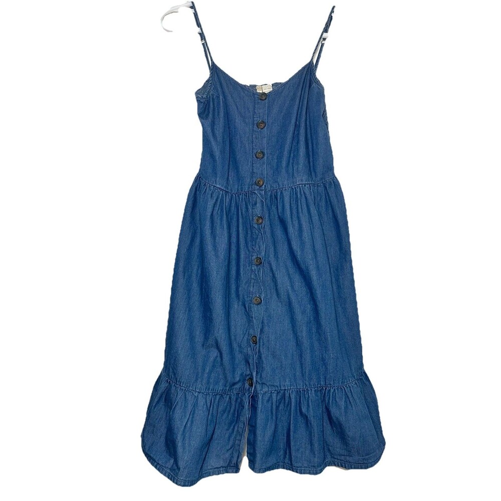 Japna Chambray Smocked Dress Small Blue Button Front Tiered Boho Min